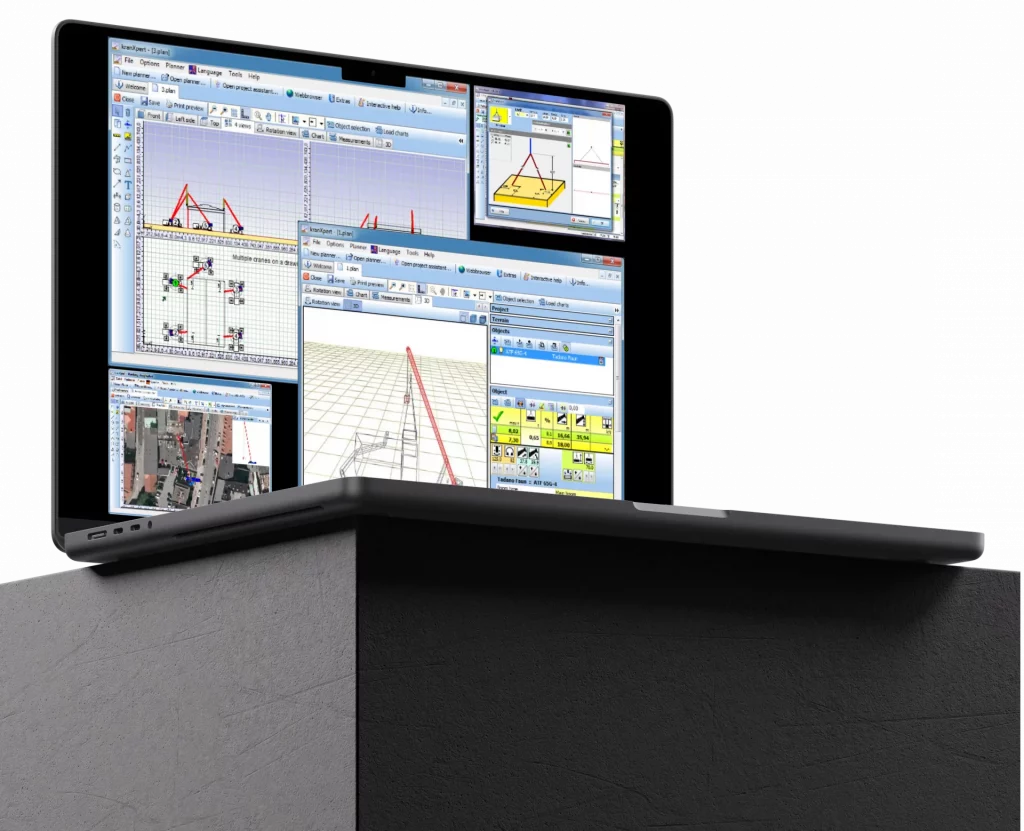 Reichert Kranverleih - Planung mit Kranxpert - Mockup Laptop auf Steinplatte